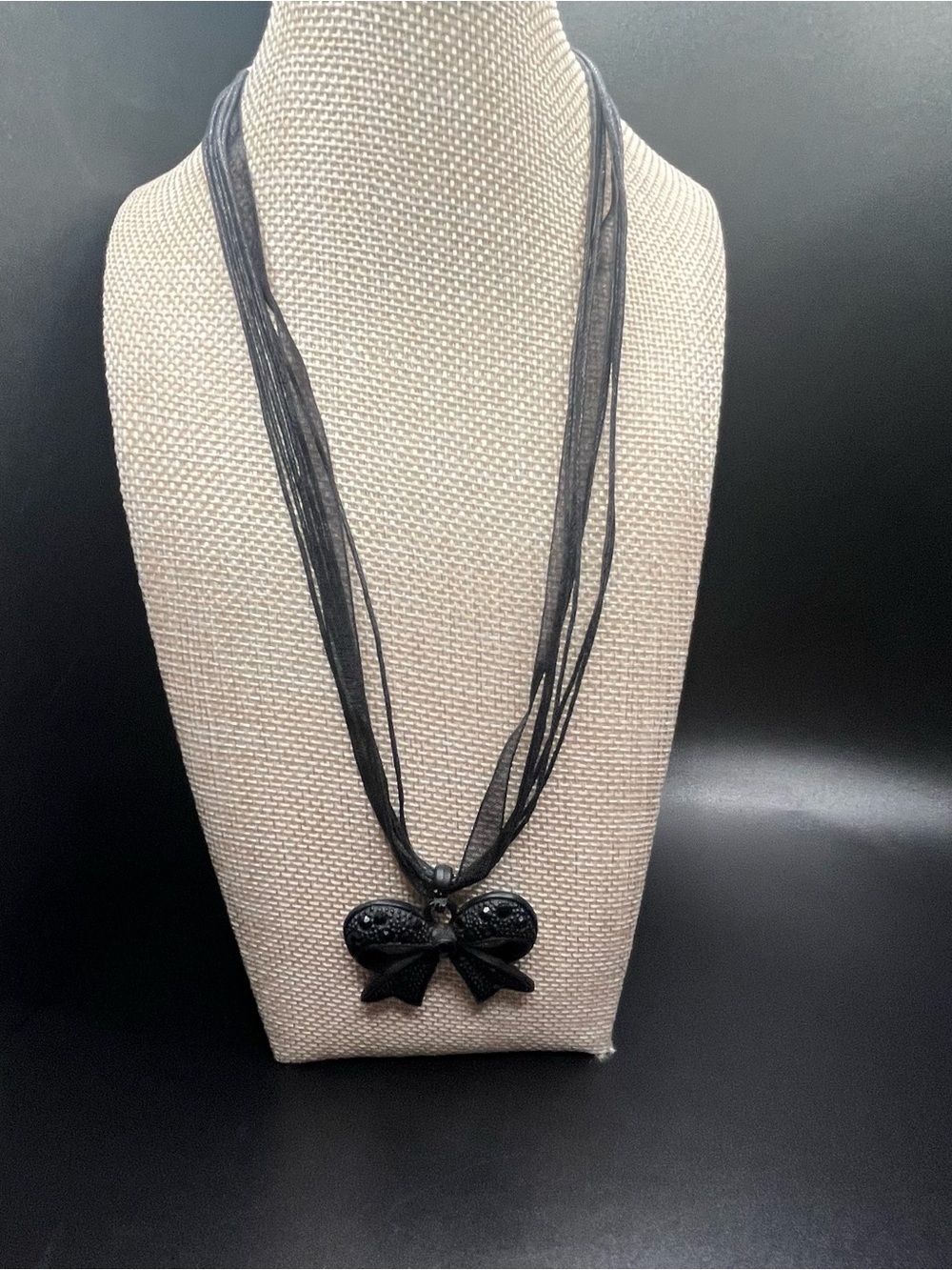 Black Bow Pendant Necklace Multi Strand Ribbon Cord Goth Statement Necklace